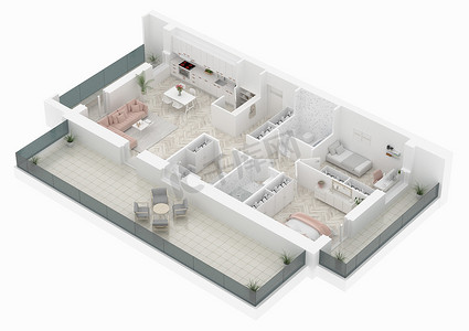 3d 家庭平面图, 3d 插图。开放式概念生活公寓布局