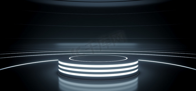 科幻现代高科技空平台打火机圆形舞台在黑暗反光室霓虹灯发光环线产品展示3d 呈现插图