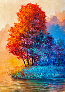 油画风景-丰富多彩秋天的树林.