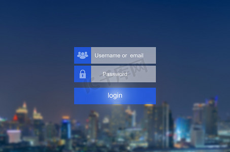 飘带输入框摄影照片_触摸屏上的登录界面。触摸登录框、用户名和密码输入在城市景观模糊背景下的虚拟数字显示.