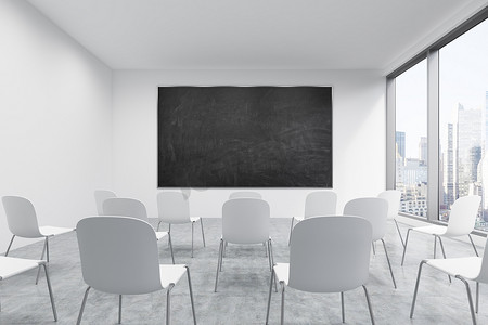 A classroom or presentation room in a modern university or fancy office. White chairs, a black chalkboard on the wall and panoramic New York view. 3D rendering.