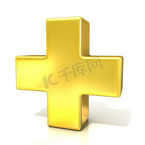金黄标志摄影照片_加号，孤立的白色背景上的 3d 金黄标志