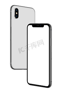 在空中飞翔的模拟转向彼此白色智能手机类似于iphone X正面和背面