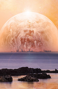 科幻小说书涵盖了现代城市天际线上的幻想景观，前景是岩石，巨大的外星行星在橙色的天空中升起。这张照片的内容是由NASA提供的