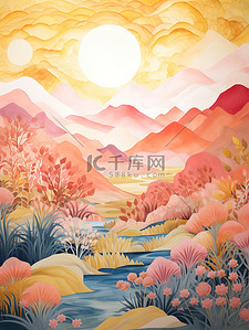 山脉太阳暖橙色水彩背景8