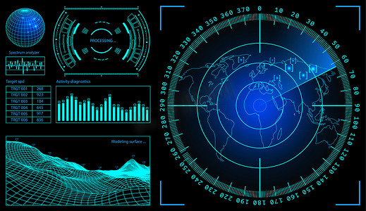 军用绿色雷达线框景观 。带有目标的屏幕。未来派Hud界面。库存插图。发光球体