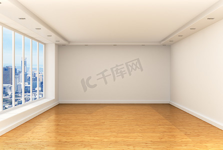 全城摄影照片_空荡荡的房间、 全景窗和镶木地板在宽敞的 ro