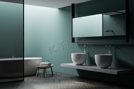 宽敞的浴室角落，绿墙，深色木地板，舒适的白色浴缸，玻璃墙淋浴间和巨大的双层水池。带毛巾的椅子3d渲染