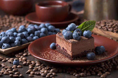 带蓝莓和薄荷的巧克力蛋糕在褐色盘子上.