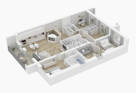 3d 家庭平面图, 3d 插图。开放式概念生活公寓布局