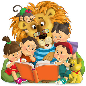 儿童的例证。朋友们正在看一本有趣的书。大狮子，头戴猴子，小孩带着小狗.