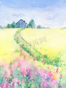 水彩画美丽的乡村风景与小径的房子.手绘插图.