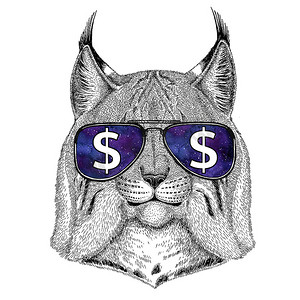 野生猫咪猞猁山猫小跑的 t 恤，戴着眼镜美元符号的插图与野生动物纹身素描、 修补程序