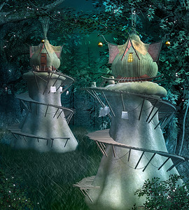 精灵幻想镇在黑暗和神话般的森林-3d 例证