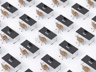 A top view of the symmetric corporate workplaces on white floor. A concept of corporate life in a huge transnational company. Brown leather chairs, black tables and modern laptops. 3D rendering.