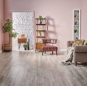 粉色和白色砖墙背景书架木柜和绿色植物，室内风格.