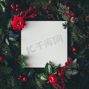 圣诞树树枝摄影照片_创意布局由圣诞树树枝和浆果与纸质卡片笔记。 自然假期的概念. 