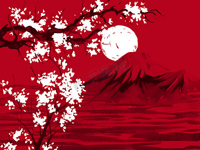 水墨风格摄影照片_日本传统的相美画。水彩和水墨插图的风格 sumi-e, u-sin。富士山、樱花、日落。日本太阳。印第安墨水例证。日本图片, 红色背景.