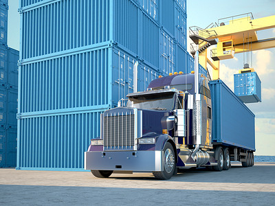 码头货运摄影照片_带有集装箱卡车。3d 渲染