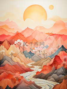 太阳水彩背景图片_山脉太阳暖橙色水彩背景2
