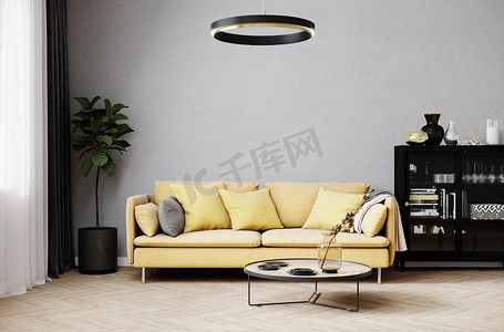 客厅白色摄影照片_现代居室内部背景图，白色墙壁，时尚的黄色沙发，设计咖啡桌，典雅，奢华，客厅室内造型，3D渲染