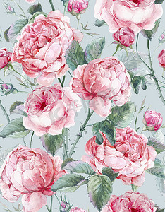 Classical vintage floral seamless pattern, watercolor bouquet of English roses