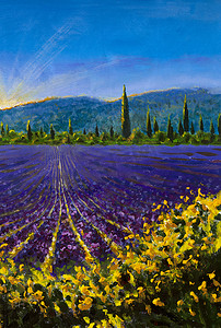 oil摄影照片_Oil painting nature landscape violet lavender field, yellow sunny flowers, tall cypress trees and sun in mountains in Provence France art background. Cloude  paint monet flower texture art background.