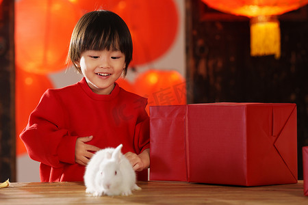 可爱的小男孩收到新年礼物小白兔