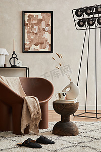 modern摄影照片_Modern elegnat living room interior design with creative armchair, console, mock up poster frame, lamp and stylish personal accessories. Copy space. Template.