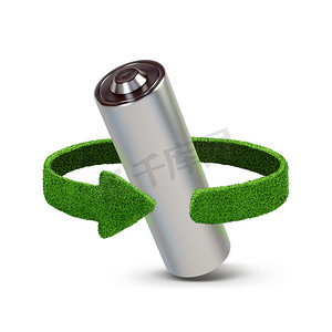 绿色蓄电池摄影照片_回收的电池和蓄电池。用绿色箭头从草的概念。回收的概念