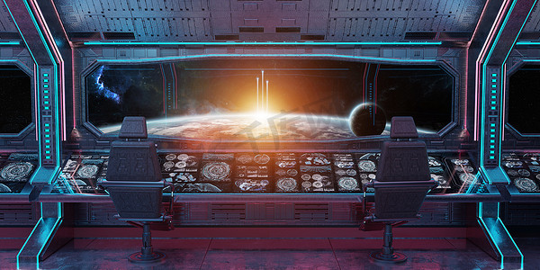 垃圾飞船蓝色和粉红色的内部与地球上的看法3d 渲染元素的这张图片由 Nasa 提供