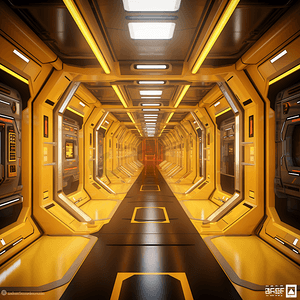 科幻小说科幻飞船走廊黄光3D概念图3