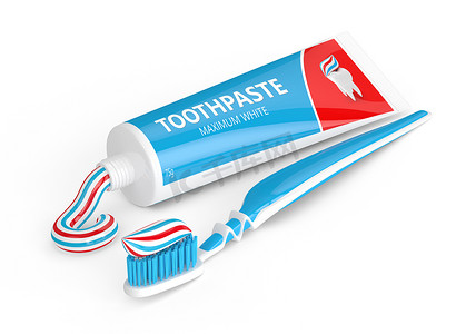 牙刷背景摄影照片_用白色的牙膏牙刷的 3d 渲染