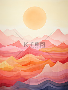 山脉太阳暖橙色水彩背景11
