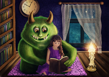 小女孩和一个绿色的怪物