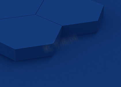 几何图形图形摄影照片_3D蓝暗六边形讲台最小工作室背景。3D几何图形对象图形渲染。在线业务和技术产品的显示.
