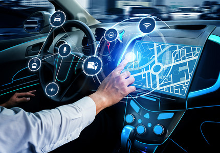 无驱动汽车内部与未来的仪表板自动控制系统.利用人工智能传感器驱动无人驾驶汽车驾驶舱HUD技术的内部视图 .