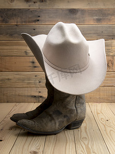 牛仔靴和西方帽子的木制背景.