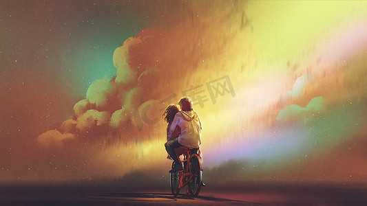情侣在骑自行车对夜空与五颜六色的云彩, 数字式艺术风格, 插画绘画