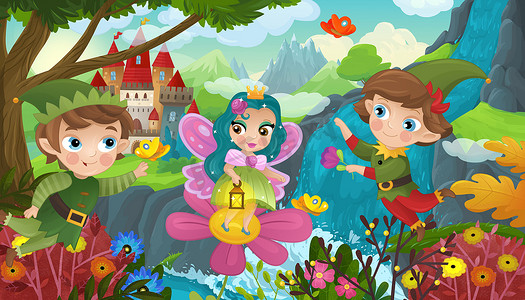 cartoon scene with nature forest cute elf near waterfall and castle illustration for children