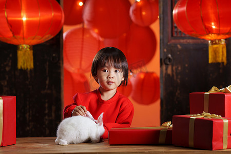 灯笼兔子摄影照片_可爱的小男孩收到新年礼物小兔子