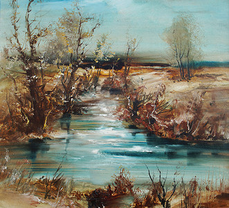 景观树木和一条小溪，油画