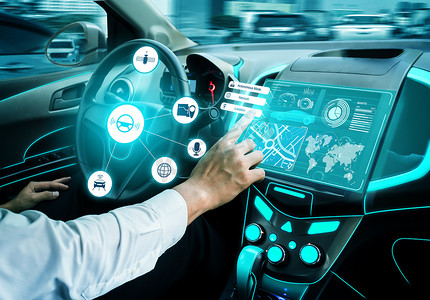 hud摄影照片_无驱动汽车内部与未来的仪表板自动控制系统.利用人工智能传感器驱动无人驾驶汽车驾驶舱HUD技术的内部视图 .