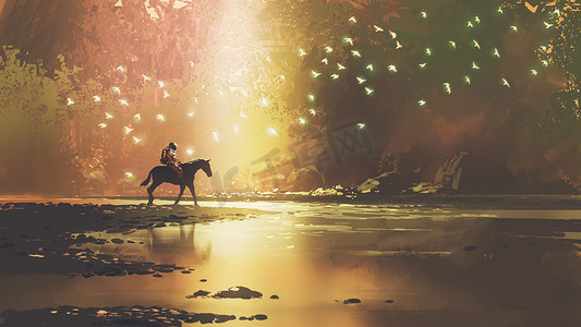 astronaut on horse traveling to a magical land, digital art style, illustration painting