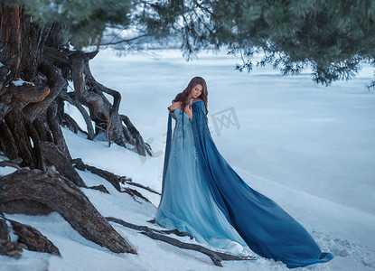 流浪汉摄影照片_一个神秘的流浪汉在豪华的礼服和蓝色斗篷, 在风中飘扬。在森林附近的一条结冰的河的背景, 老的有痘的松树, 雪。不真实的冬天风景.