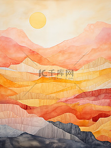 太阳水彩背景图片_山脉太阳暖橙色水彩背景5