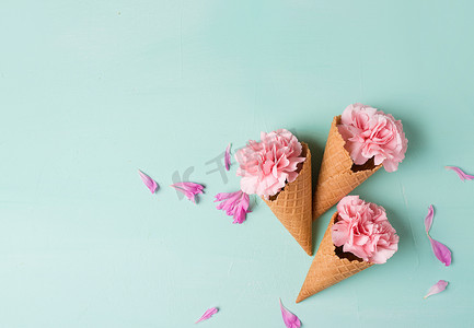 png华夫饼摄影照片_粉红色的花朵，华夫格锥