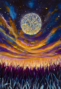 用云彩描画现代神秘艺术日落黎明星空太空月亮幻想莫奈美术为童话画，宇宙美术背景画