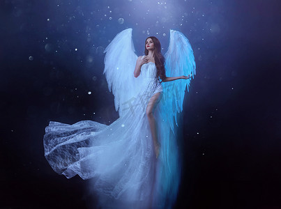 挥动的翅膀摄影照片_幻想中的女天使带着白色的大鸟翅膀在空中翱翔。飘浮中的鬼女孩飞了。漆黑的夜晚背景，神奇的光芒。身着白衣的女神，挥动着的面料.