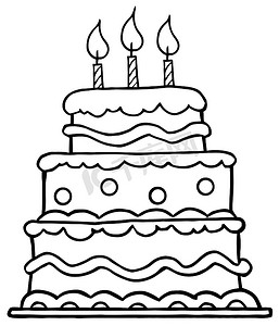 三根蜡烛摄影照片_概述了的生日蛋糕，三根蜡烛